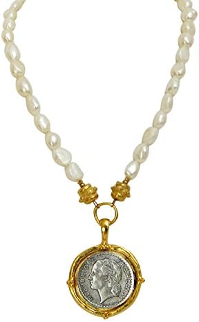Susan Shaw 24k Handcast Gold Plated Freshwater-Cultured Baroque Pearl Necklace with Coin Pendant, 16"