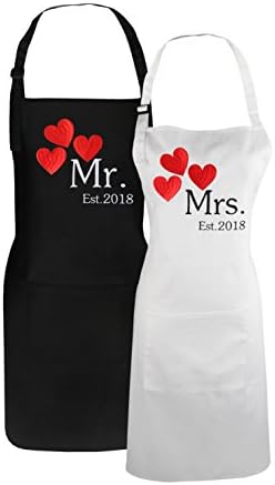 Cotton Embroidered Aprons Mr and Mrs Est. 2018 Cooking Aprons for Couples, Wedding Gift Set for Bride and Groom - 29.5 inch by 24 inch
