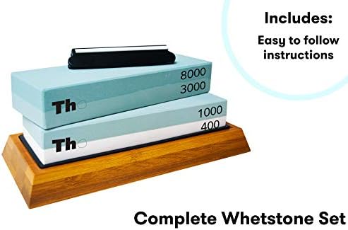 Whetstone Set 400/1000 & 3000/8000 Grit Stone + Knife Guide, Handmade Non-Slip Wooden and Rubber Bases + Sharpening Instruction Card | Full Kit