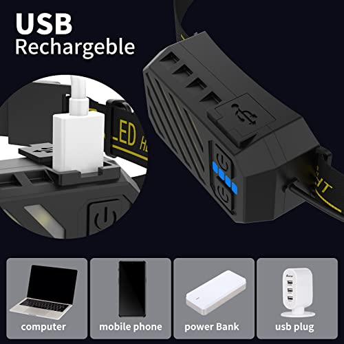 LED Headlamp Flashlight, USB Rechargeable Headlamp with COB Flashlight and Tail Red Light, Wide Beam Waterproof Headlamp, 7 Modes Adjustable Head Lamp for Running Hunting Fishing Camping