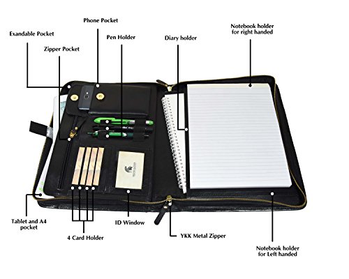 Zippered Genuine Leather Business Portfolio |Easy to Carry Organizer With Writing Pad Holder,Business Card And Pen Slots.IPAD Holder And Flip-Closure Phone Pocket, Black by Aaron Leather(With Handle)