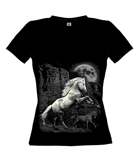 Ethno Designs Streetwear - Womens Animal T-Shirt White Horse Wilderness slim fit, black, size M