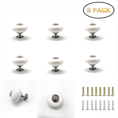 Tonena White Ceramic Round Decorative Knobs and Pulls Knobs Handles for Kitchen Furniture Door Drawer Cabinet Dresser Closet Wardrobe Cupboard bathroom- Pack of 8