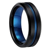 8mm Mens Black Tungsten Ring with Thin Blue/Rose Gold Groove Beveled Edge Comfort Fit Size 7-13