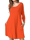 JollieLovin Women's Casual Swing 3/4 Sleeve Pockets T-shirt Loose Dress (Orange, 1X)