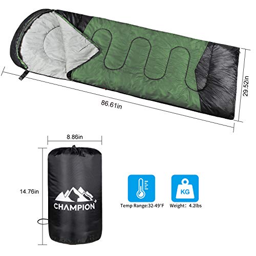 ChampionPlus Sleeping Bag for Adults & Kids, Boys and Girls - 3 Season Warm & Cool Weather - Summer, Spring, Fall, Compact Sleeping Bags Lightweight，Camping/Hiking/Backpacking, Green