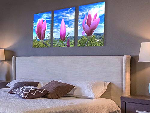 Wall Art Canvas Painting Purple Magnolia Flowers on The Branch Print Picture Modern Home Decor Painting for Living Room（12x16inch x3pcs）