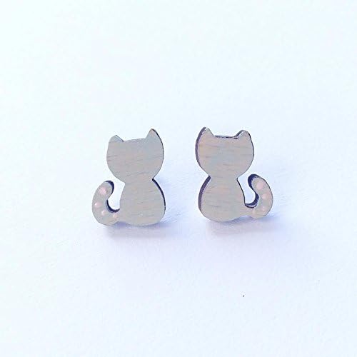 Blue Wooden Cat Earrings, Hand Painted Studs, Anti Allergy Earrings