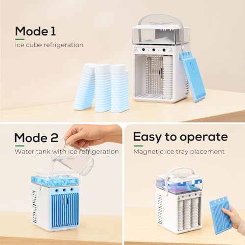 Portable Air Conditioners, 4-IN-1 Evaporative Air Cooler with App Control, 800ml Water Tank, Rechargeable Mini Air Conditioner, 3 Speeds & 3 Mist, Colorful Night Light Cooling Fan (White)