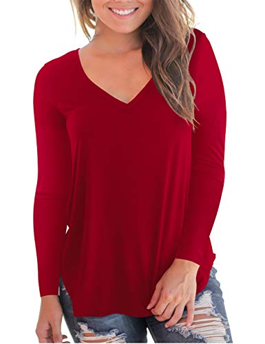 Women's Long Sleeve V Neck Irregular Hem T Shirt Top Plus Size Wine Red XL