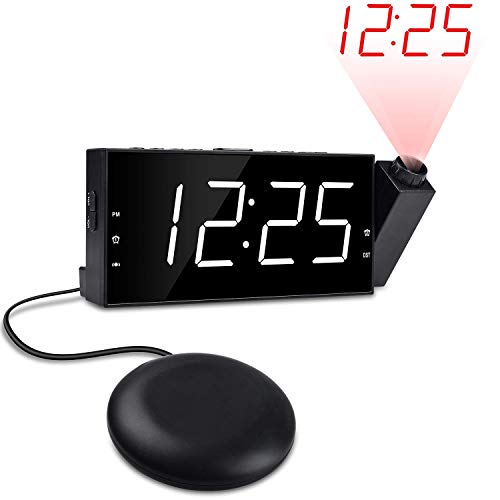 OnLyee Projection Ceiling Wall Clock, Alarm Clock, 7" LED Digital Desk/Shelf Clock with Dimmer, USB Charging, AC Powered (White-Projection Clock with Bed Shaker)