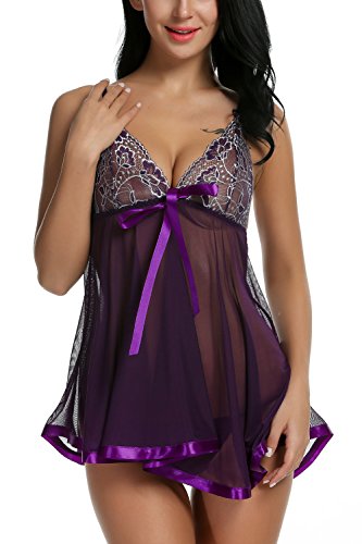 Avidlove Women's Lingerie Lace Babydoll Sleepwear Lace Splicing Chemises Purple M