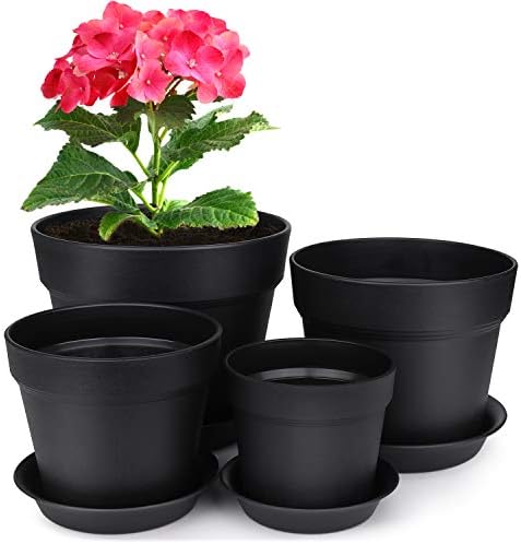 Homenote 7 6 5 4 Inch Plastic Planters Indoor Set Of 4 Black Plant Pots With Drainage Trays Modern Round Flower Pots For House Plants Succulents Flowers Amazon Ae Patio Lawn Garden