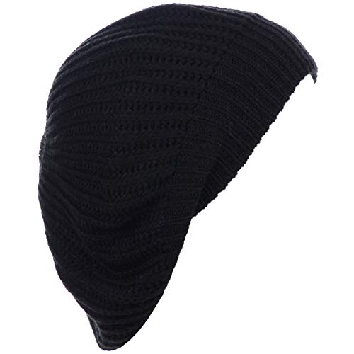 BYOS Ladies Winter Solid Chic Slouchy Ribbed Crochet Knit Beret Beanie Hat W/WO Flower Adornment, Soft Touch (Black)