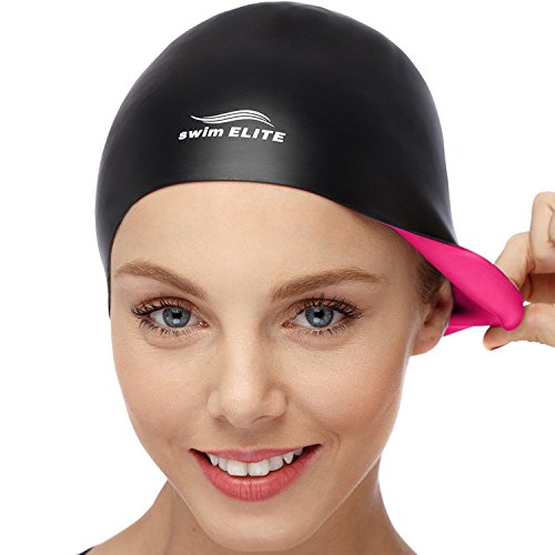 2-in-1 Premium Silicone Swim Cap - Reversible - Wear It On Both Sides - Wrinkle-Free Swimming Cap for Men and Women - Best for Short and Medium Length Hair (Pink/Black)