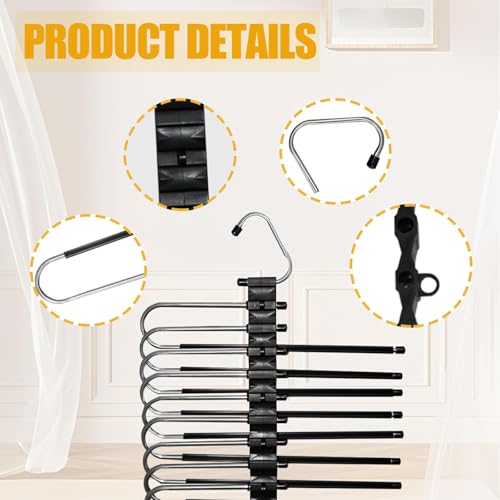 2 Pack Upgrade 9 Layers Pants Hangers Space Saving, Non-Slip Clothes Hangers for Wardrobe, Multifunctional Clothing Rack for Closet Storage, Ideal for Jeans, Pants, Skirts, Scarves & Slacks (Black)