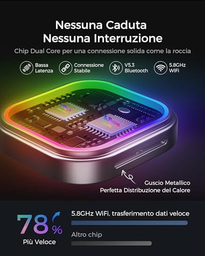 WityEye Wireless CarPlay and Android Auto Adapter with RGB Ambient Light, Dual Core WiFi to 5.8GHz, Bluetooth V5.3, Fast and Stable, for Apple iPhone iOS 10+, Android 11+ Smartphone