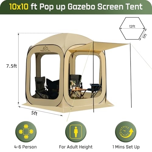 JELUCAMP 10x10 FT Pop Up Screen House Tent Instant Gazebo Canopy Bug Free Shelter image 21