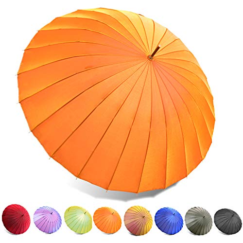 Kung Fu Smith Janpanese Parasol Rain Umbrella - Large Windproof and Ultra Light - Orange and Wood Handle