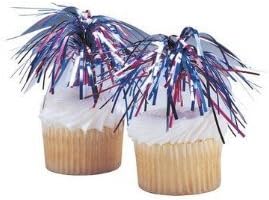 4th of July Red Blue Silver Mylar Spray Pic Cupcake Topper -12pack