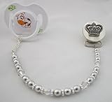 Crystal Dream Luxury Keepsake Swarovski Silver Simulated Pearls and Clear Crystals Hand Crafted Silver Crown Girl Princess Pacifier Clip 8 Inch (CCS)