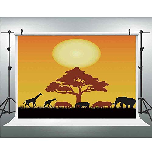 Safari Decor,Less Crease Vinyl Wedding Backdrop Background for Wedding, Baby, Newborn, Personal Photo,5x7ft,Silhouette of Rhinos Elephants Zebras Grassland and A Tree with Sun The Back