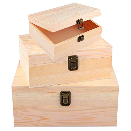 ADXCO 3 Pack Unfinished Wood Treasure Chest Decorative Wooden Box Pine