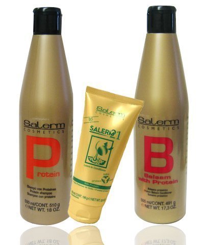 Salerm Protein Shampoo 18oz + Protein Balsam Conditioner 17.3oz + Salerm 21 B5 Silk Protein Leave-in Conditioner 6.9oz