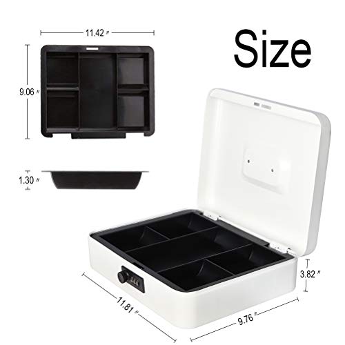 Safe Metal Cash Box with Money Tray & Combination Lock, Decaller Large Lock Storage Money Box with 5 Compartments Cash Tray, 11 4/5" x 9 2/5" x 3 1/2" (Large, White)