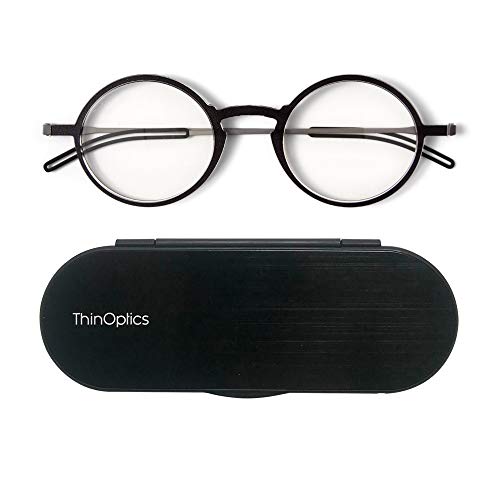 ThinOptics Manhattan reading glasses + Milano anodized aluminum, magnetic case | Round black frames, 2.50 Strength ThinOptics Manhattan reading glasses + Milano anodized aluminum, magnetic case | Round black frames, 2.50 Strength