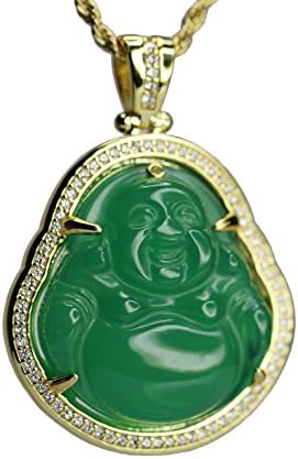 Gold Green Jade Buddha Pendant Necklace With Lab Simulated Diamonds