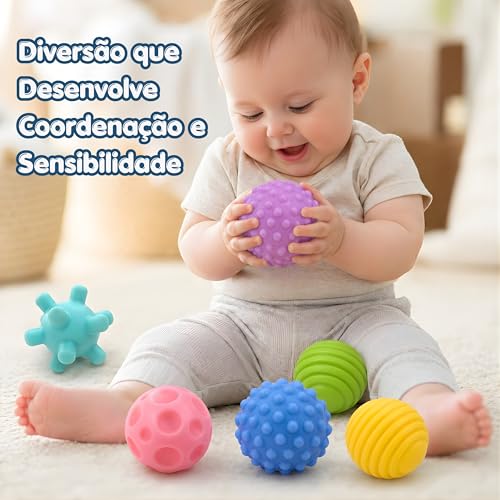 Kit de Bolas Sensoriais para Bebê – Texturas Educativas, Estímulo Motor e Cores Suaves – Silicone Macio – Aprendizado e Diversão