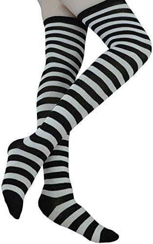 Mystylees Womens Wide Stripes Stockings Over Knee High Striped Socks Black White