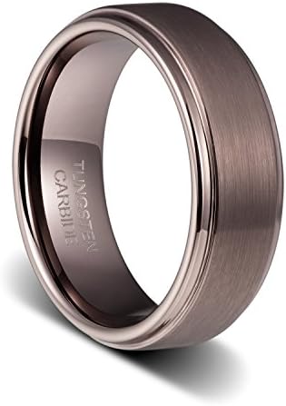 TUSEN JEWELRY 8MM Espresso Brown Matte Brushed Step Edge Tungsten Carbide Ring Wedding Band