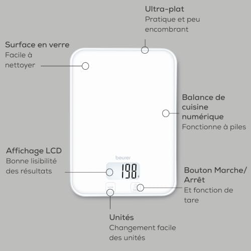 KS 19 Pure White balance de cuisine numérique, capacité de charge jusqu'à 5 kg (graduation précise au gramme près), avec commande tactile par capteur, balance alimentaire incl. piles, blanc