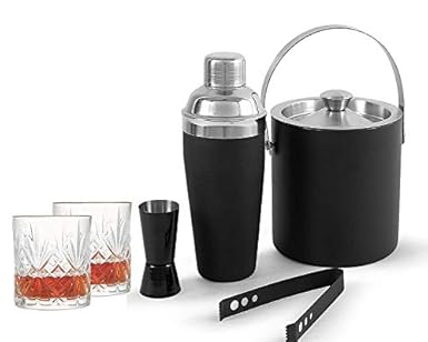 King International Stainless Steel Bar Set, Bartender Kit Cocktail Shaker Set of 6 Piece| Black| Bar Tool Set with 1 Ice Bucket,1 Tong,1 Peg Measure,1 Cocktail Shaker,2 Whisky Glasses 250ML, Champagne Bucket-Complete Bar tool set for Home Bar Accessories