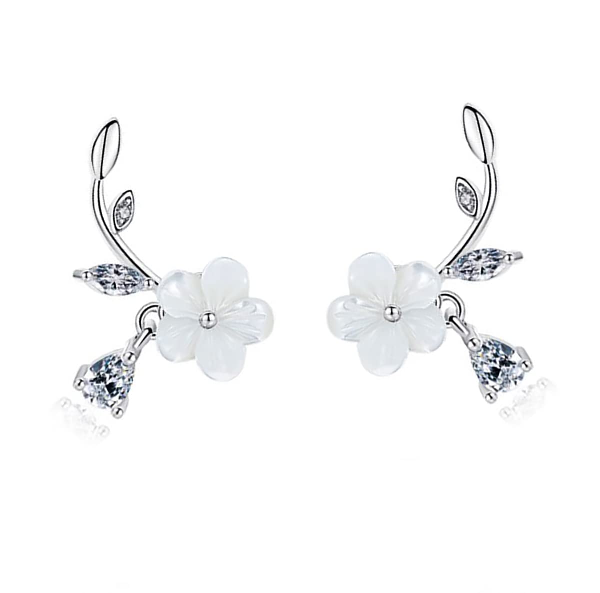 Kaguyo mother of pearl Cuff Ear Climber for Women, sterling silver Zircons Climber Ear daisy flower Stud Earrings For Women Girls, birthday Gift