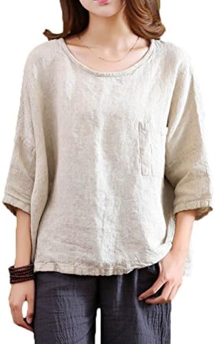 Women's Essential Casual Loose Solid Cotton Linen Tops Blouses
