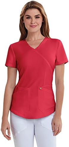 Careisma Women's Mock Wrap Solid Scrub Top, Red, Large