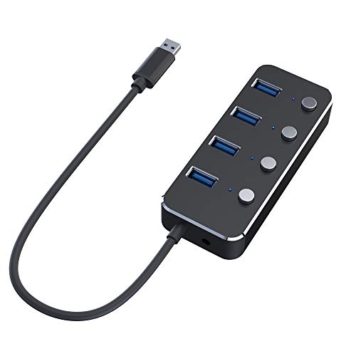 APANAGE 4 Ports Powered USB 3.0 Hub Splitter, Slim Aluminum Hub with 5Gbps High Speed Data Transfer Ports, 5V Power Adapter for MacBook Air, Laptop, iMac, PC, USB Flash Drives, Hard Drive (Black)