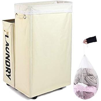 Caroeas Laundry Hamper, Rolling Laundry Basket Collapsible Tall Slim Laundry Hamper with Washable & Breathable Mesh Liner Waterproof & Dustproof Laundry Cart on Wheels (Beige)