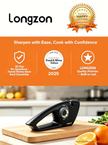 longzon Knife Sharpener 6-in-1 Manual Sharpening Tool with Cut-Resistant Glove, for Kitchen Knives, Serrated Knives, Scissors, and Pocket Knives – Safe and Easy to Use