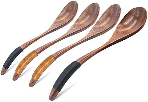 Cospring 7in Wood Coffee/Tea Spoon for Stirring, Spices, Jams, Putting Sugar, Cream and Feeding Babies, Handmade Solid Wood, Long Handle with Jute string wrapped (Set of 4) E-02