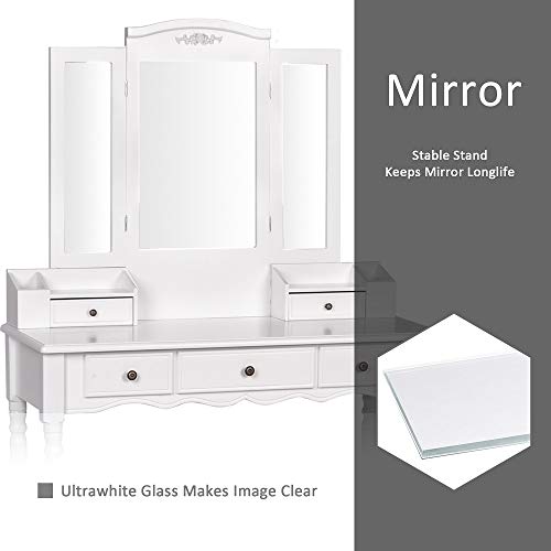 Vanity Stool Set, Make Up Table with 5 Drawers, Tri-Folding 3 Mirrors, Cushioned Stool Easy Assemble White - Thumbnail 3