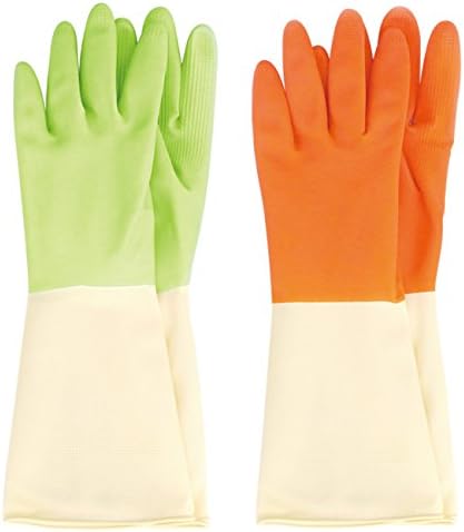 MJ 2 Pairs Triple Coating Durable Rubber Latex Two Tone Cleaning Wash Gloves M
