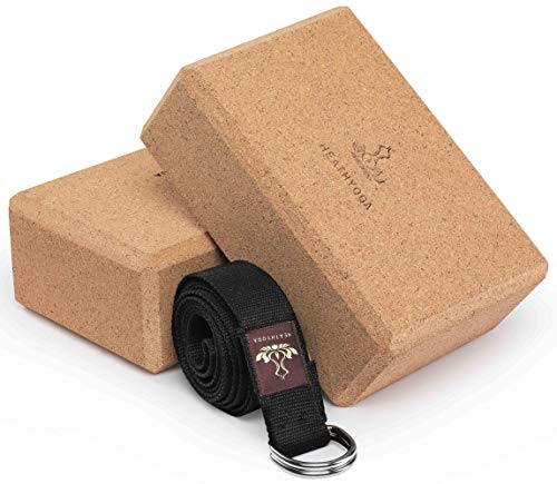 Heathyoga Yoga Block (2 Pack) and Yoga Strap Set, High Density EVA Foam Block to Support and Improve Poses and Flexibility (Cork)