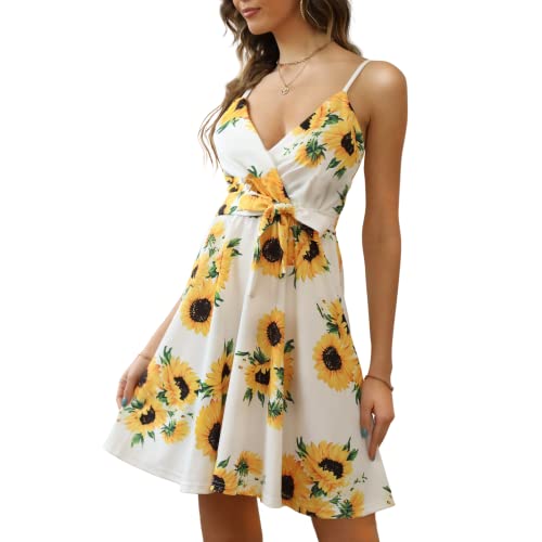 OPUJEPA Sexy Dresses for Women Short V Neck Spaghetti Strap Sleeveless Summer Floral Print Cute Skater Dress Mini Swing Sundress with Belt for Date Night