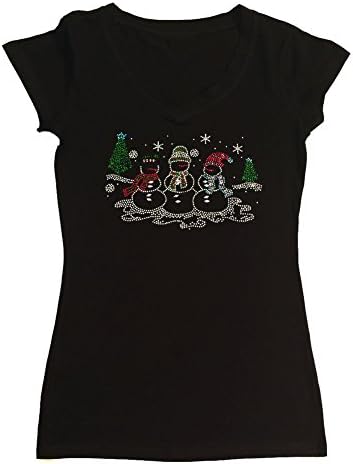 Womens T-shirt with Snowman with Christmas Tree in Rhinestones