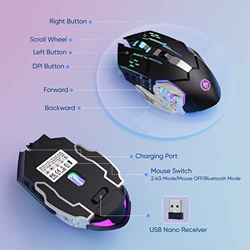 Wireless Gaming Mouse Bluetooth Mouse RGB Rechargeable 2.4G USB Cordless Computer Mice with 7 Color Backlit, 6 Buttons & Silent Click for Laptop, iPad, Mac OS, PC, Windows -Black
