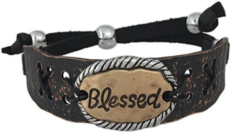 Eden Merry Rhodium-Plated "Blessed" Adjustable Hammered Bracelet with Genuine Leather Strap